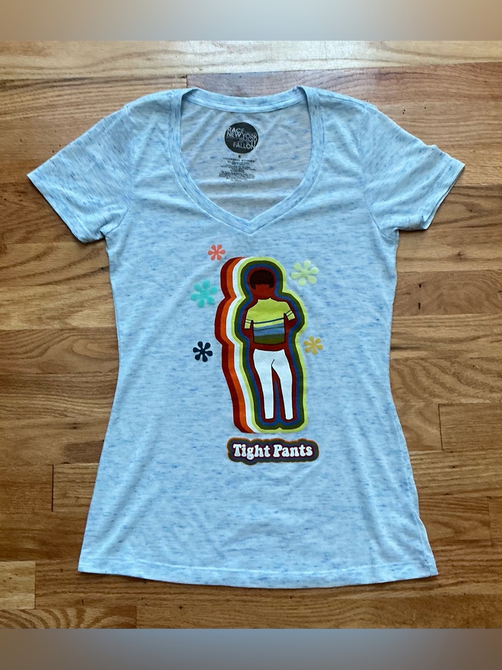 Universal Studios Light Blue V-Neck Tee with Jimmy Fallon “Tight Pants” Retro